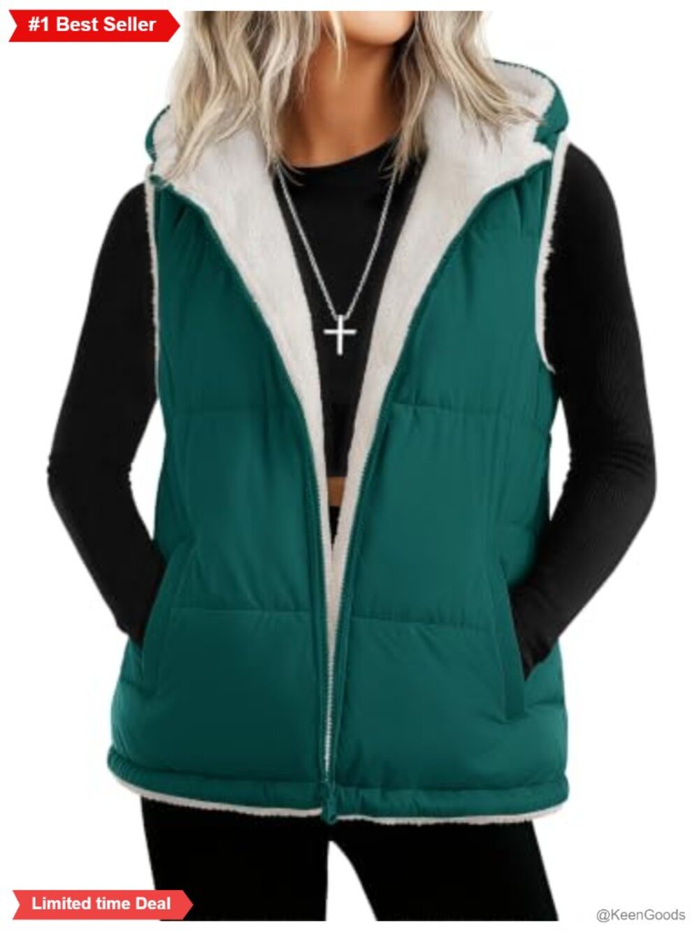 Womens Puffer Vest Sleeveless Zip Up Fleece Reversible Hooded Jacket